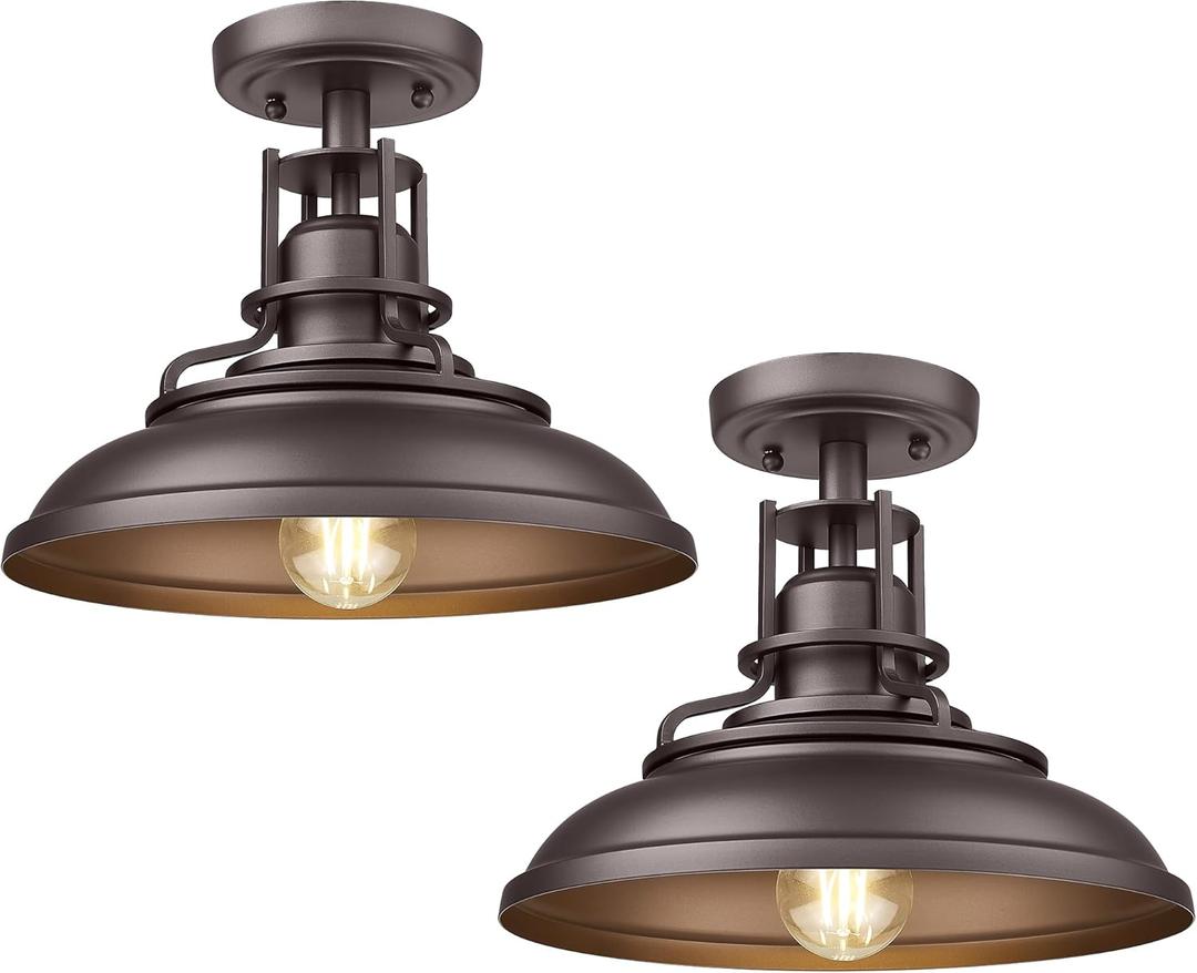 FEMILA Industrial Semi Flush Mount Light Fixture, 12" Farmhouse Ceiling Light Fixture for Porch, Hallway, Kitchen, Bedroom, 2 Pack, Oil Rubbed Bronze, 4FY15-F-2PK ORB