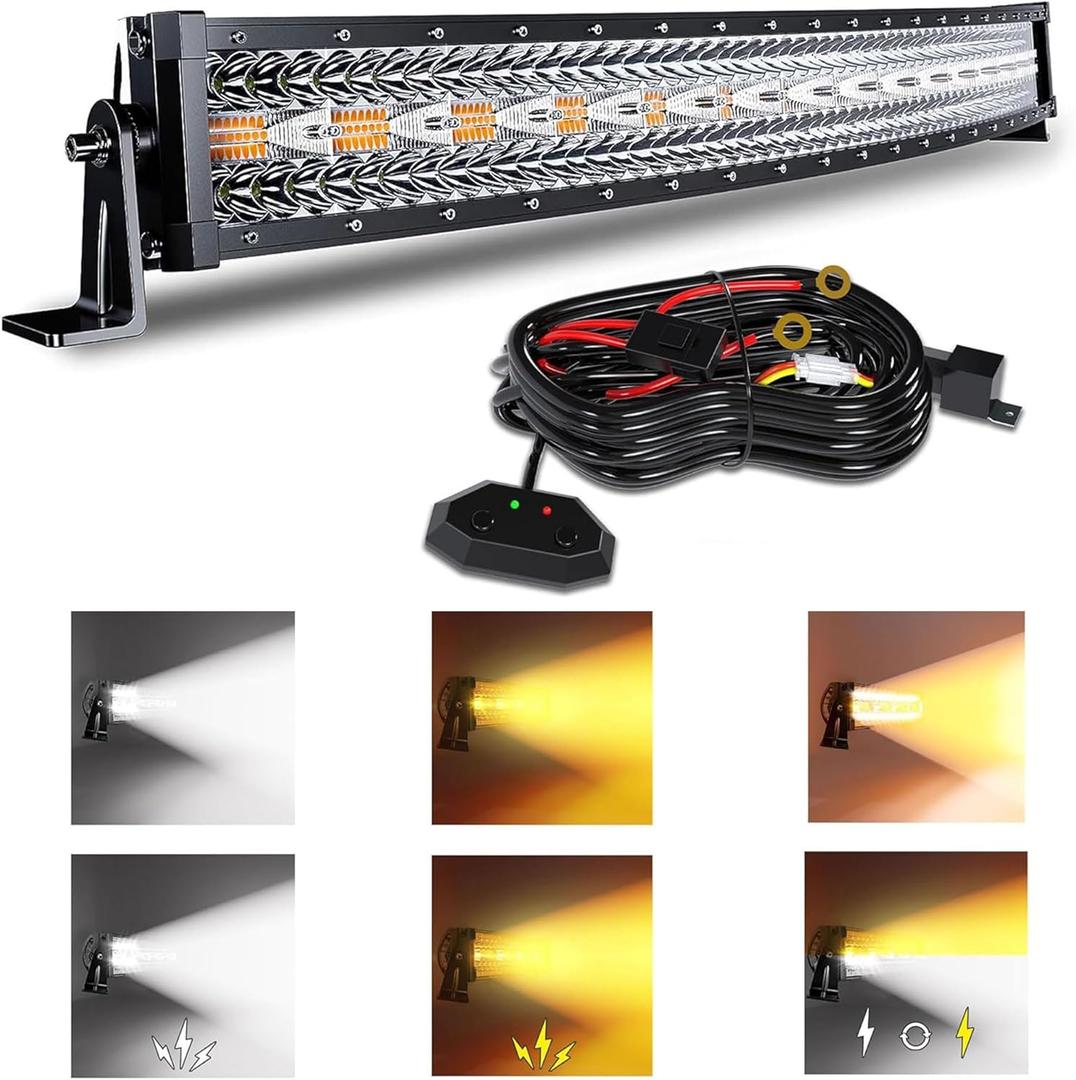 32 Inch 180W Curved LED Light Bar White/Amber Flasing Strobe Light with Six Modes Driving Fog Lights Spot Flood Combo Bumper Lights with Switch Wiring Harness for Offroad Truck 4WD SUV ATV UTV