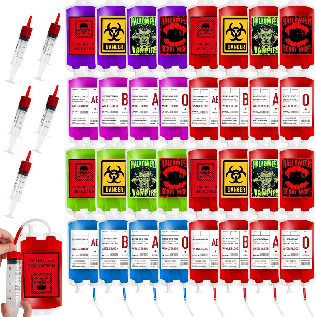 MGparty 80 Pack Halloween Blood Bag Props, Refillable Pouches with Straws and Filling Tools, Spooky Accessories for Zombie Vampire Theme Party Supplies
