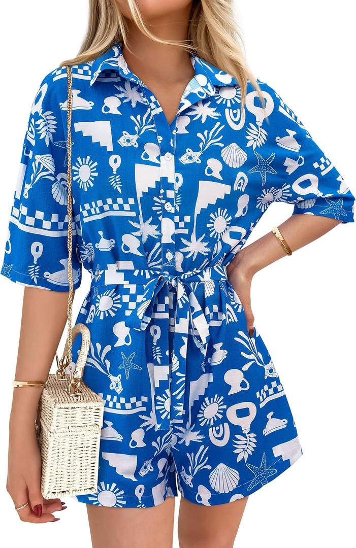 PRETTYGARDEN Womens Rompers for Summer 2025 Beach Vacation Clothes Short Sleeves Floral Jumpsuits Beach Cover Up (Blue, XXL)
