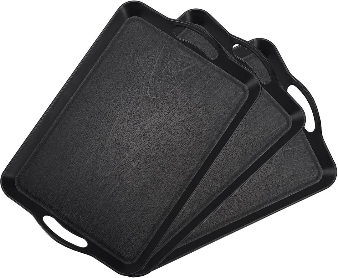 Plastic Serving Tray with Handles, 3 Pack Serving Trays for Breakfast/Coffee, Serving Platter Set, Black, 16.5"x 11"
