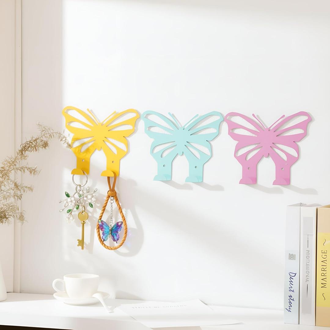 LEIFIDE 3 Pcs Butterfly Decorative Wall Hooks Pastel Butterfly Room Decor Metal Double Prong Hanger Wall Mount for Coat Key Backpack Hat Jewelry Living Room Nursery Bathroom Home Decor