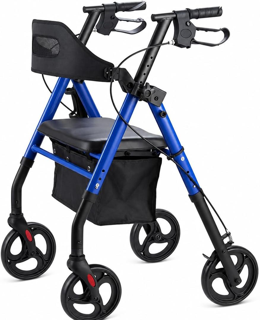 Rollator Walker with Seat, Foldable Lightweight Walkers for Seniors 4 Wheel Heavy-Duty Bariatric Rolling Walker 8'' Big Wheels Locking Brakes All Terrain Adjustable Handles 350 lb Capacity, Blue