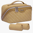 BOYATU Travel Makeup Bag Cosmetic Bags for Women: Large Capacity 3 Pcs Set Make up Bag with Compartments - Waterproof Vegan Leather Toiletry Organizer Bags with Handle (Z-Brown)