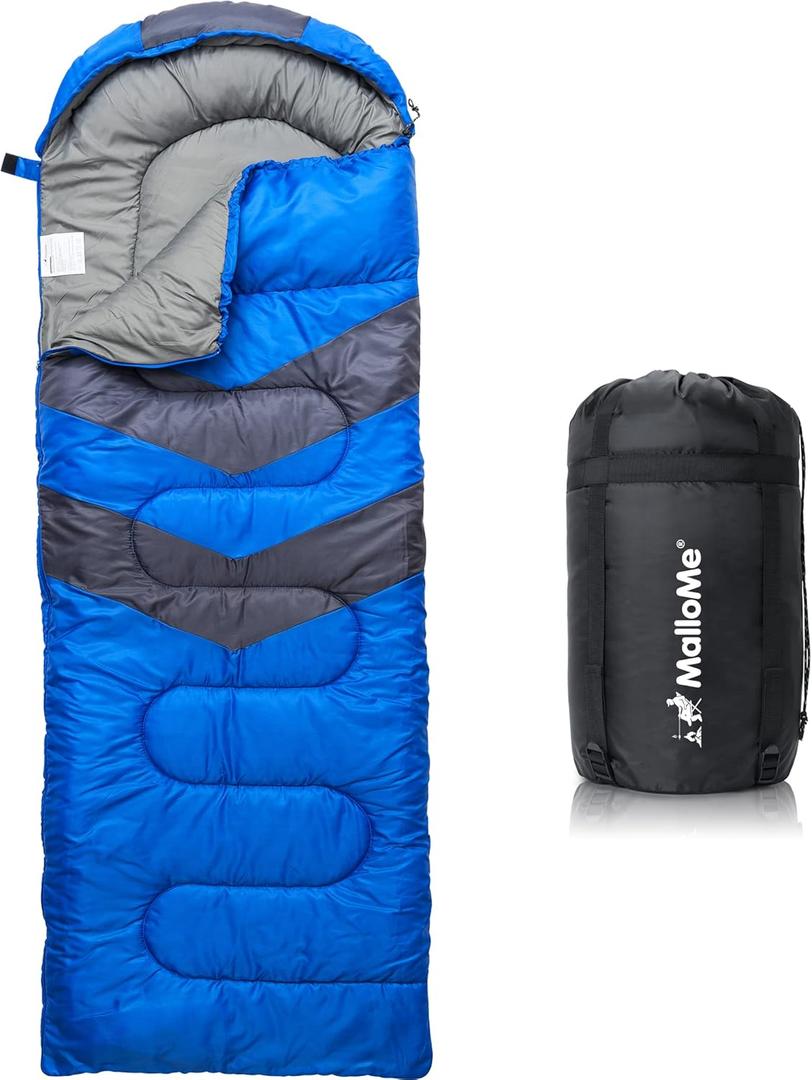 MalloMe Sleeping Bags for Adults Cold Weather & Warm - Backpacking Camping Sleeping Bag for Kids 10-12, Girls, Boys - Lightweight Compact Camping Essentials Gear Accessories Hiking Sleep Must Haves (32-65F Plush Comfort - Blue)