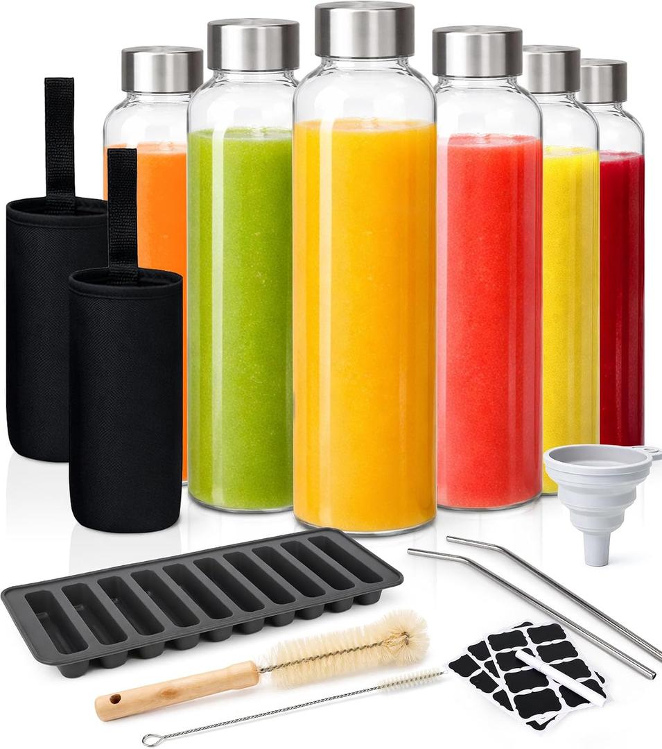 All-in-One 16-Piece Glass Bottle Set with 6 18 oz Water Bottles, Lids & Accessories, Reusable, Leak-Resistant & Dishwasher Safe for Juice, Smoothies & Daily Use