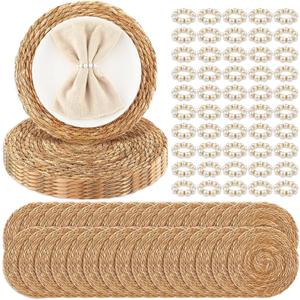 30 Pcs Cattail Round Woven Placemats Set, Cattail Placemats with Pearl Napkin Rings Boho Farmhouse Rustic Woven Chargers Natural Mat Bulk for Wedding Party, Dinner Table (13 Inch)