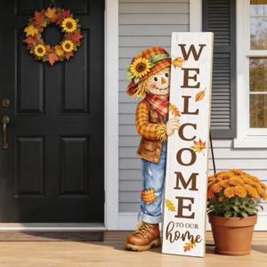 Fall Door Decor Wooden Scarecrow Welcome Sign for Front Door 42" Thanksgiving Standing Porch Decoration, Farmhouse Outdoor Patio Yard Ornament for Autumn Home, 7.8"x47.2"