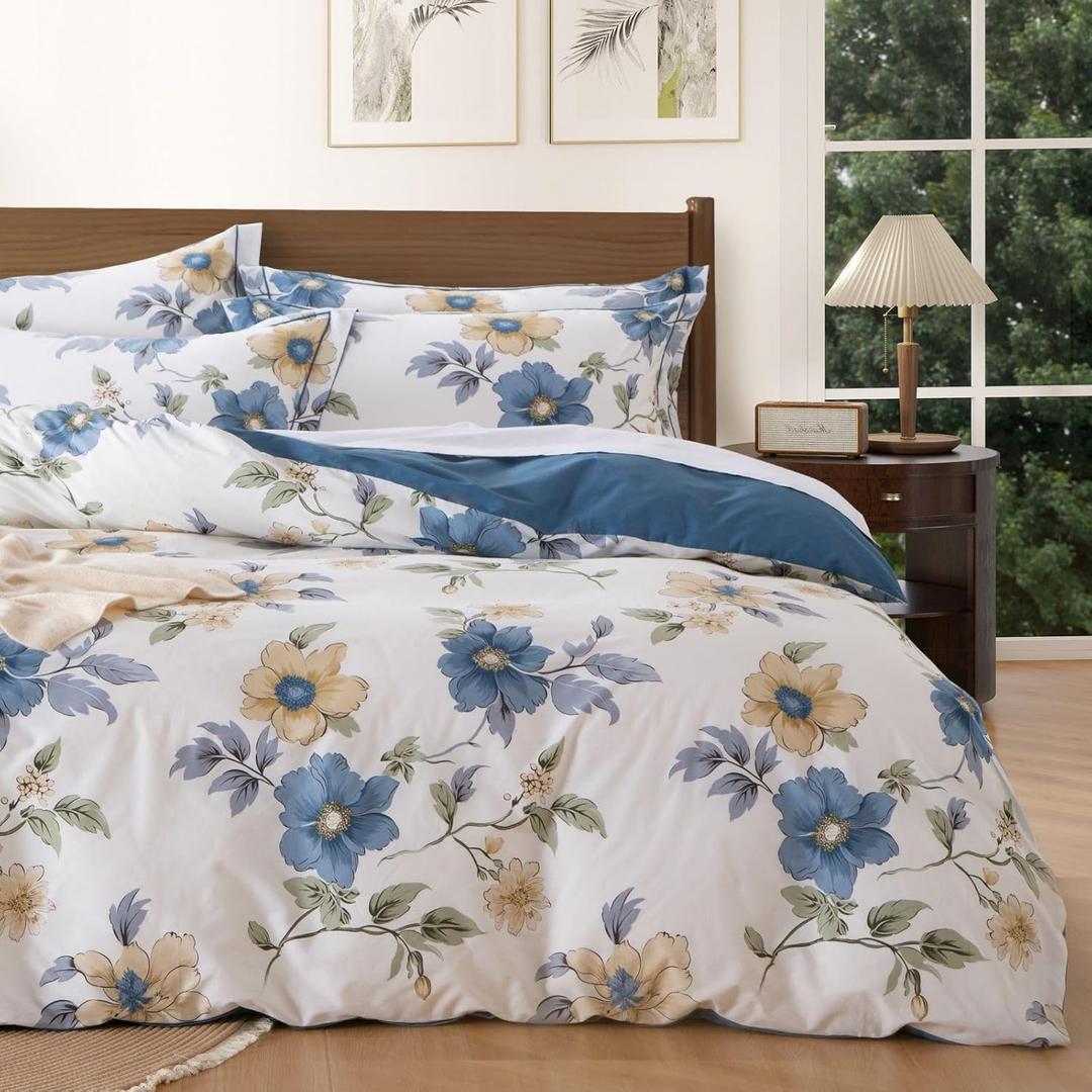 Botanical Comforter Queen Size Set  100% Cotton Fabric Shell, Navy Blue & Yellow Floral Bedding, Soft&Breathable All Season Down Alternative, Reversible, 3 Pcs (1 Comforter, 2 Pillow Shams)