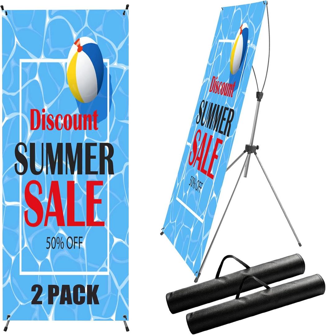 2 Pack X Frame Banner Stand Adjustable Size 23"X 63" to 32"X 78" with Portable Retractable Carrying Bag, Customize Banner Stand for Trade, Show Exhibition Market and Store Display