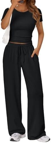 Trendy Queen 2 Piece Matching Summer Sweatsuit Lounge Set Womens Wide Leg Pants Side Ruching Crop Top Sets, Small