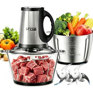 SPZTJK 3-Speed Electric Food Processor: Meat Grinder, Vegetable Chopper & Baby Food Maker - 300W, 2 Bowls (8 Cup Stainless Steel+8 Cup Glass), Quiet Operation