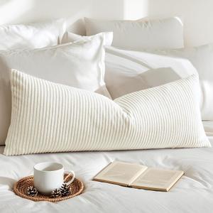 Artscope Cozy Striped Corduroy Lumbar Pillow Cover Super Soft Decorative Square Throw Pillow Covers Case Cushion Covers for Sofa Couch Bedroom Car Decor 14x36 Inch, Cream White