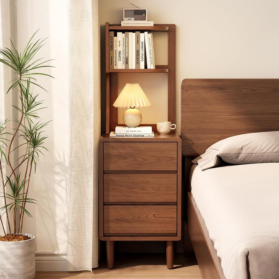 Solid Wood Bookshelf Nightstand Combo, Tall Nightstand with Bookshelf, 3 drawers