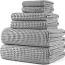 POLYTE 430 GSM Microfiber Quick Dry Lint Free Oversize Bath Towel Set, 6 Piece (Waffle Weave) (Light Gray)