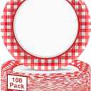 100pcs 7inch Red and White Plates Gingham Checkered Plaid Tableware Baby Shower Red Gingham Dessert Disposable paper Dinnerware for Picnic Barbecue Baby Shower Birthday Party Decorations