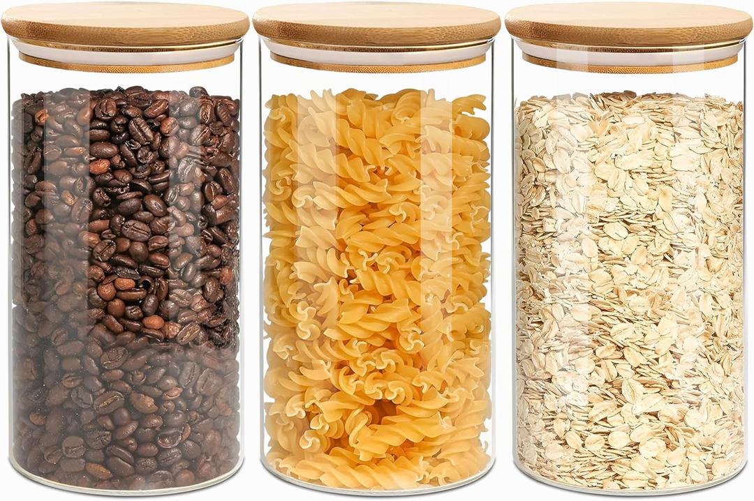 VIEWELLD 1.5 Qt Round Glass Storage Containers with Lids, Clear Food Storage Container Jar with Sealing Bamboo Lid for Noodles Flour Cereal Rice Sugar Tea Coffee Beans, Round Set of 3