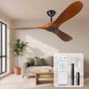 52 Inch Ceiling Fans no Light with 3 Blades, Solid Wood Ceiling Fan with Remote Control and DC Motor, Indoor Outdoor Ceiling Fans for Patios, Bedroom, Living room