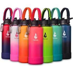Farsea Insulated Water Bottle With Paracord Handle, Protective Silicone Boot and 2 Lids (Straw Lid & Spout Lid), Stainless Steel Water Bottle Wide Mouth, Double Wall Sweat-Proof BPA-Free, 40 oz (Coral/Punch)