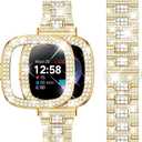 Dsytom Bling Stylish Watch Band Compatible With Fitbit Versa 4, Sense 2, Versa 3, Sense - Cute Strap With Rhinestone Protective Case Cover for Women (Gold)