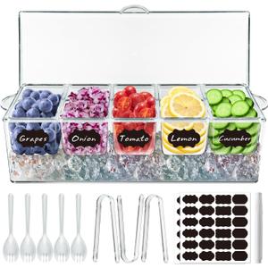 Chilled Condiment Server Tray, Bar Fruit Caddy with Lid and 5 Removable Compartments, Clear Ice Condiment Serving Tray for Party, Toppings Bar Container, Garnish
