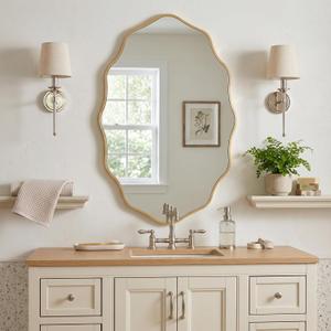 PERFNIQUE Gold Scalloped Mirror, 30''L×18''W Oval Wavy Wood Framed Mirror for Wall Decor, Hanging Leaning for Bathroom, Nursery, Entryway, Vanity, Living Room