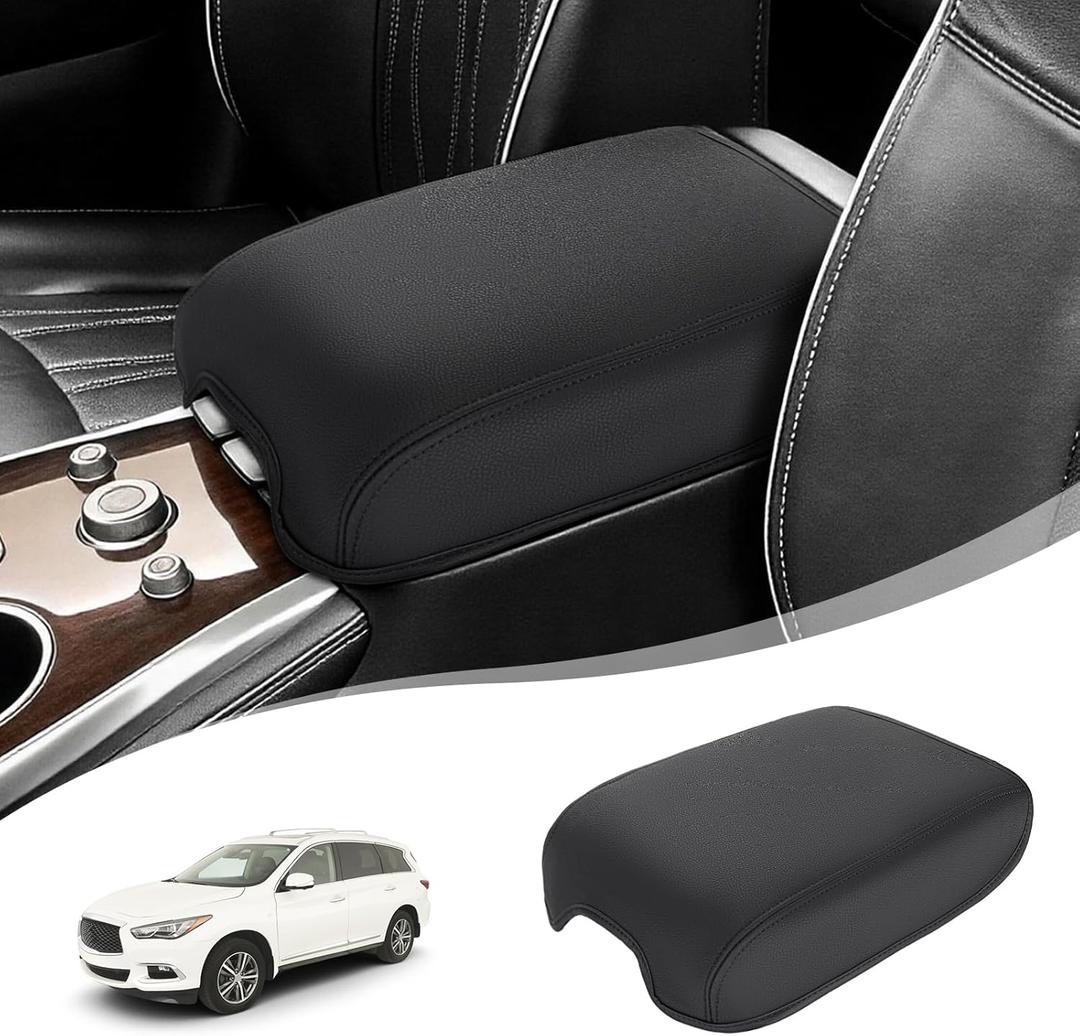 Center Console Armrest Cover for 2013-2020 Infiniti QX60 JX35/Nissan Pathfinder, PU Leather Middle Console Lid Protector Arm Rest Cushion Anti-Scratch Thick Pad (Black)