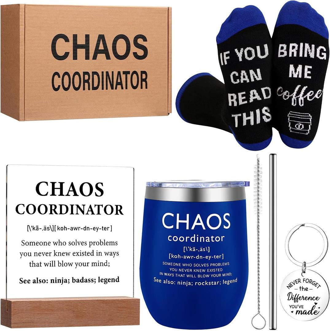 Chaos Coordinator Gift Set for Men Administrative Professional Day Gifts Manager Employee Appreciation Gift Include Tumbler Sock Chaos Coordinator Desk Sign Keychain for Coworker Staff(Light Color)