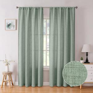 Tollpiz Short Linen Curtains Bedroom Rod Pocket Semi Sheer Curtain Burlap Light Filtering Thick Linen Drapes for Living Room, 38 x 45 inches Long, Sage Green, Set of 2 Panels