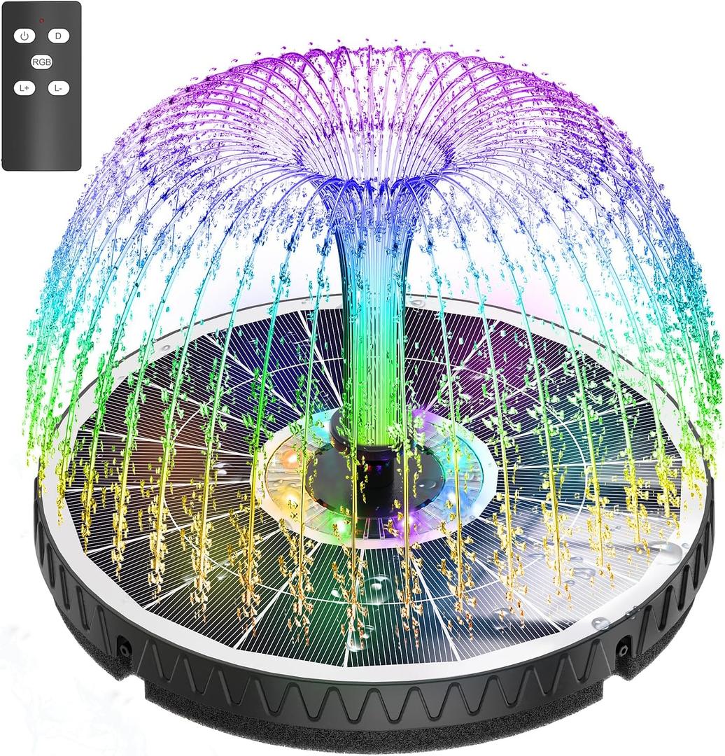 Remote Control Solar Fountain, 2025 Upgrade 6W Solar Bird Bath Fountain with 4000mAh Battery, Solar Powered Hummingbird Water Fountain Pump with Colorful LED Lights, 7 Nozzles for Garden Decor