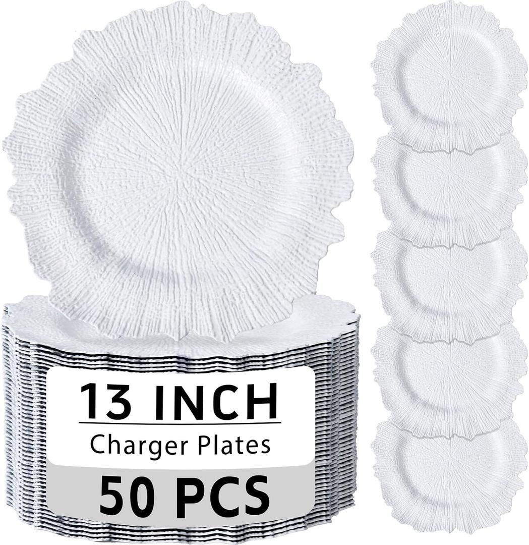 ejonirinjonir EI 50pcs Reef Charger Plates Bulk,13 Inch Plastic White Charger Plates,Parties,White Chargers for Dinner Plates,Suitable for Wedding,Events