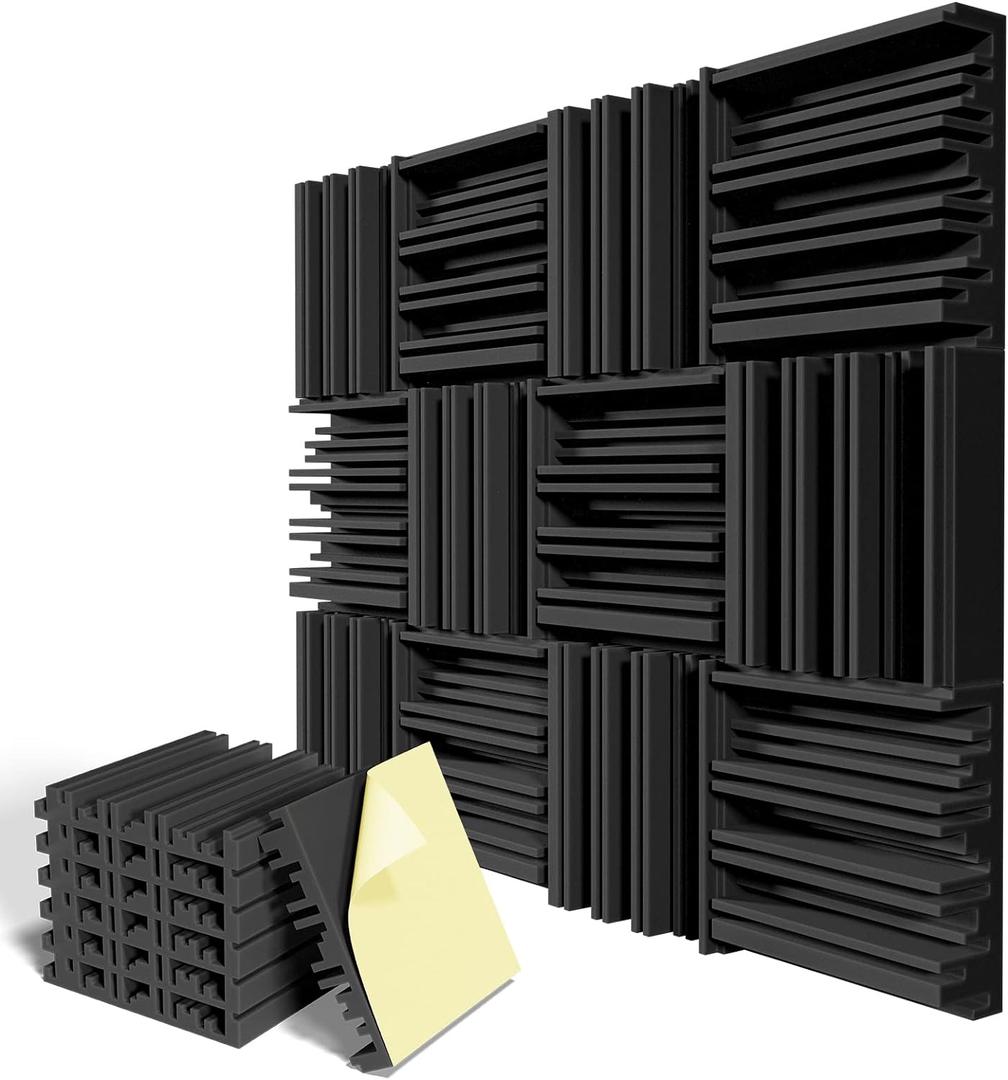 12 Pack Self-Adhesive Sound Proof Foam Panels,12 X 12 X 2 inches Acoustic Foam,High Resilience Sound Proofing Padding for Wall,Sound Absorbing Panels Suitable for Home Studios, Offices - Black (2Inch 12pack)