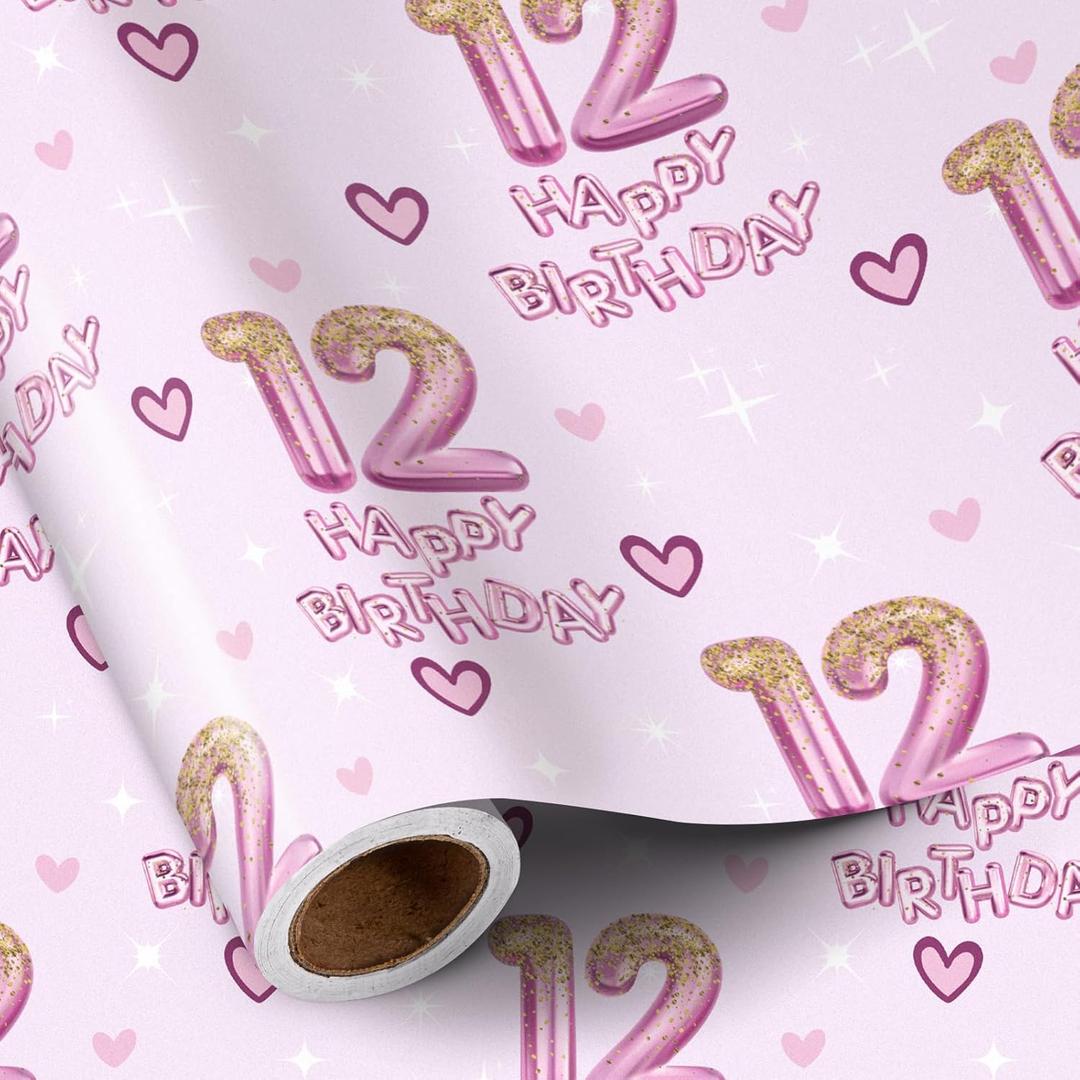 RUSPEPA 12th Birthday Wrapping Paper Girls, Hearts and Pink Number 12 Balloons Happy Birthday Design, 12 Years Old, Mini Roll, 17 Inches x 16.4 Feet, Perfect for Girls' Birthday Party Gifts