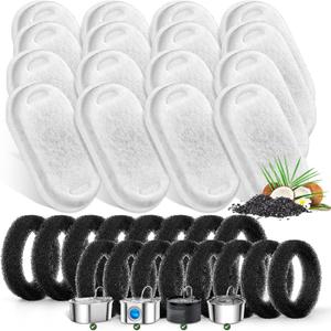 Cat Water Fountain Filters for Stainless Steel 67oz/2L Adjustable Water Flow Pet Fountain, 16 Pack Pet Replacement Filters with 16 Sponges