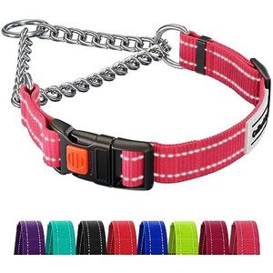 CollarDirect Martingale Dog Collar with Stainless Steel Chain and Quick Release Buckle - Reflective Collar for Large, Medium, Small Dogs - Pink, Large (Neck Size 17"-22")