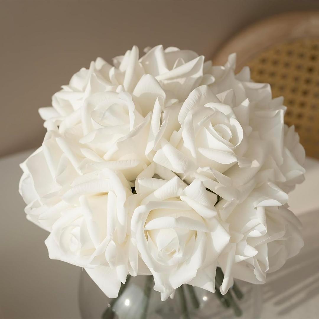 DUYONE Artificial Roses Single Stem 10pcs Fake Silk Flower Arrangement Bouquet for Home Party Wedding Decoration (White)