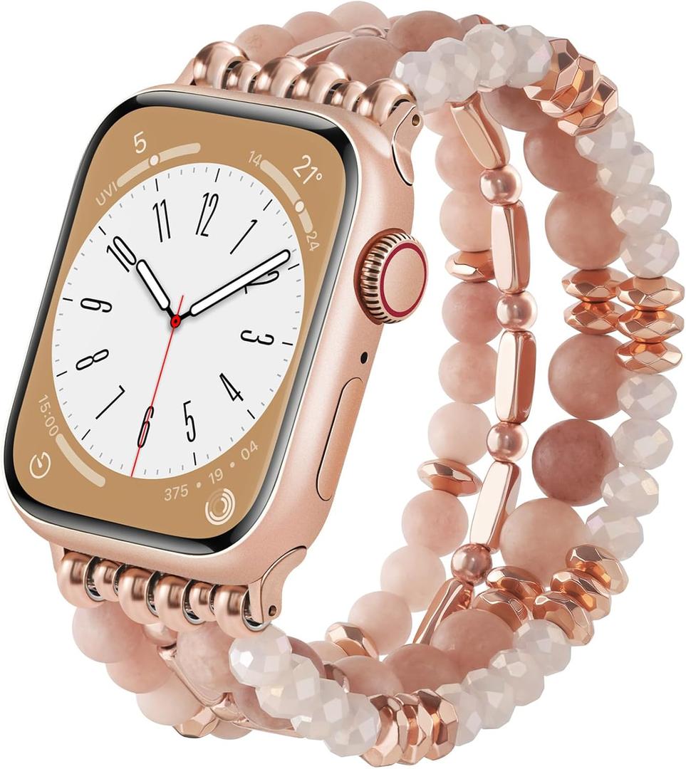 VISOOM Beaded Boho Bracelet for Apple Watch Series 11 10 Se 9 8 7 6 5 4 3 2 1 Bands 42mm 41mm 40mm 38mm Women, Fashion Handmade Cute Crystal beads Stretchy Watch Strap for Iphone iWatch Bracelet Bands (Pink Khaki)