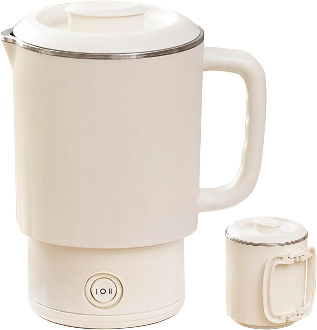 800Ml Travel Foldable Kettle, Stainless Steel Electric Boiling Pot for Camping, Travel, and Home Use, Beige