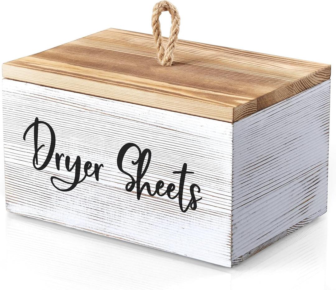 Dryer Sheet Holder, White Washed Wood Laundry Sheets Container, Laundry Room Organization and Storage for Farmhouse Laundry Room Decor and Accessories, Fabric Sheet Holder