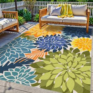 Colorful 6x9 Outdoor Area Rug Washable Multicolored Patio Rug Tropical Botanical Floral Chenille Waterproof Outdoor Carpet Non-Slip for Patio, Deck, Backyard, Porch, Green