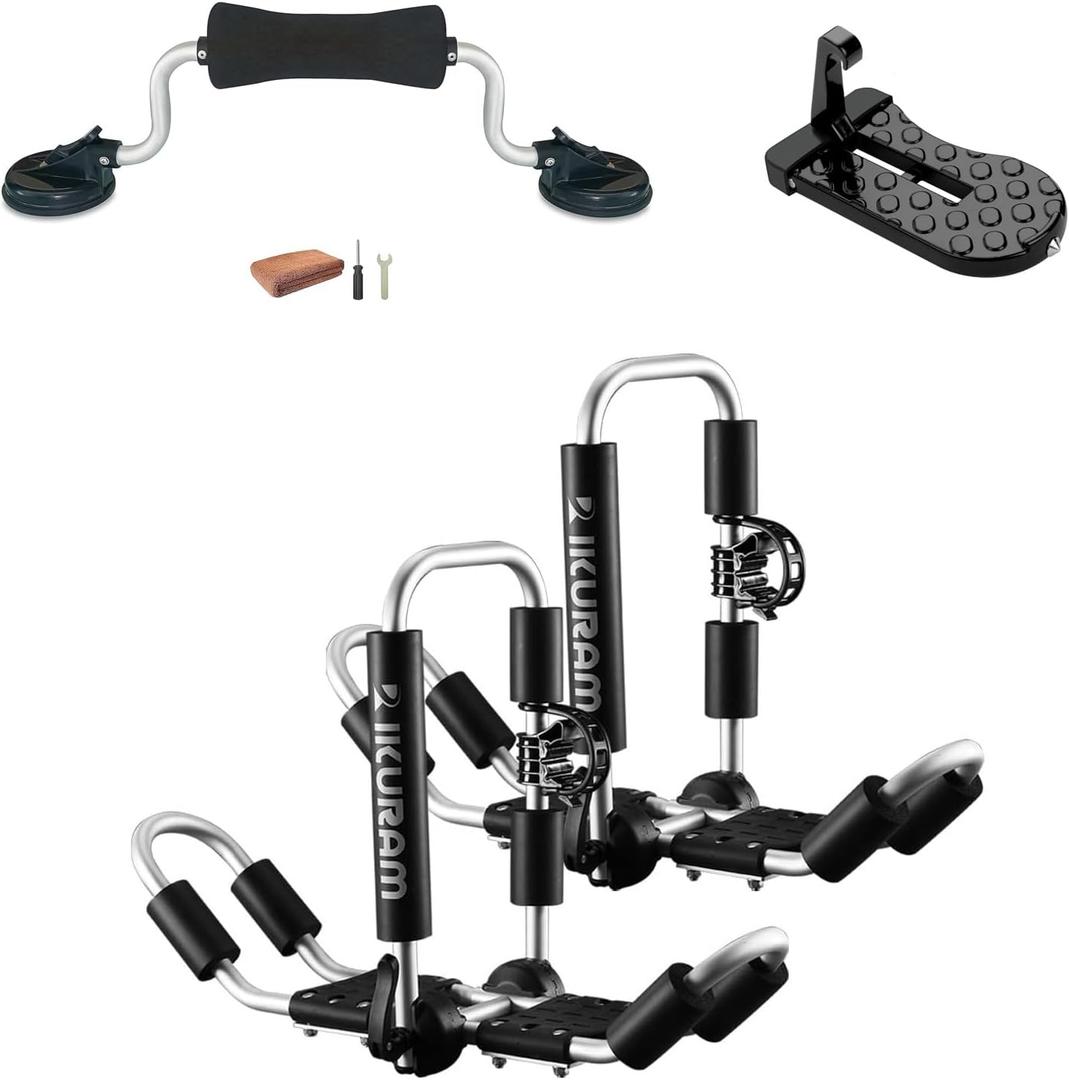 Kayak Roof Rack, Aluminum Kayak Carrier Folding J-Style Universal 4-in-1 Multifunction with Kayak Roller and Car Door Step for Canoe, SUP, Kayaks, Surfboard Rooftop Mount on SUV Car Truck Crossbars