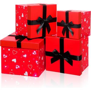Epakh 4 Pcs Square Nesting Boxes Decorative Gift Boxes with Lids Black Red Hearts Assorted Sizes for Anniversary, Birthday, Wedding, Bridal Shower Party Gifts(Classic)
