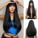 Esmee Long Dark Black Wigs for Black Women Natuaral Synthetic Straight Hair Wig with Daily Party Cosplay Use-24 Inches