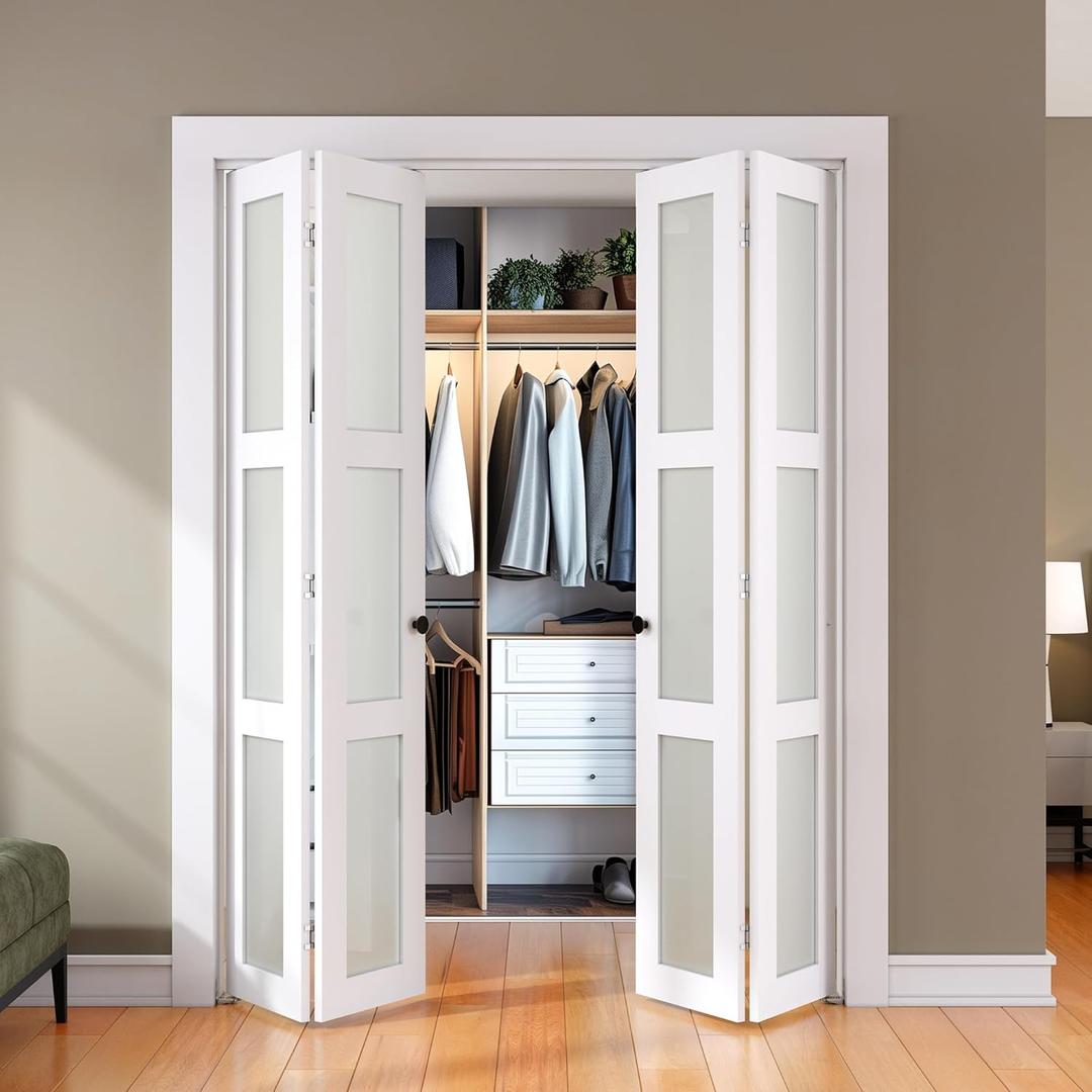 SMARTSTANDARD Bifold Door, for 60"x 80" Opening,Tempered Frosted Glass Closet Folding Barn Door with Hardware Kit, Water-Proof PVC Surface,Easy Install,White