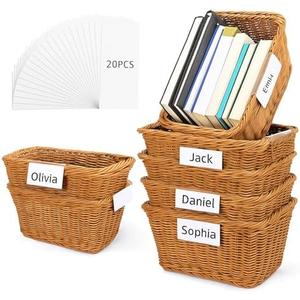 Reallnaive Rattan Storage Baskets, 6 Pack 11.8 x 7.9 x 5.9 Inches Boho Rectangular Organizing Woven Storage Basket Set with Removable Write Tags for Classroom School Office Teacher Book Organization