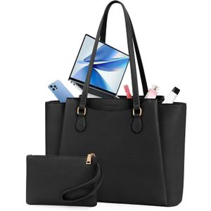 RAINSMORE Laptop Bag for Women 15.6 Inch Work Tote Bag - Waterproof Faux Leather Computer Briefcase Large Office Handbag with Small Clutch Purse for Daily Commute, College, Black