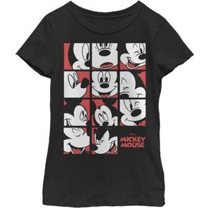 Disney Characters Mickey Mouse Expression Grid Girl's Solid Crew Tee (Medium, Black)