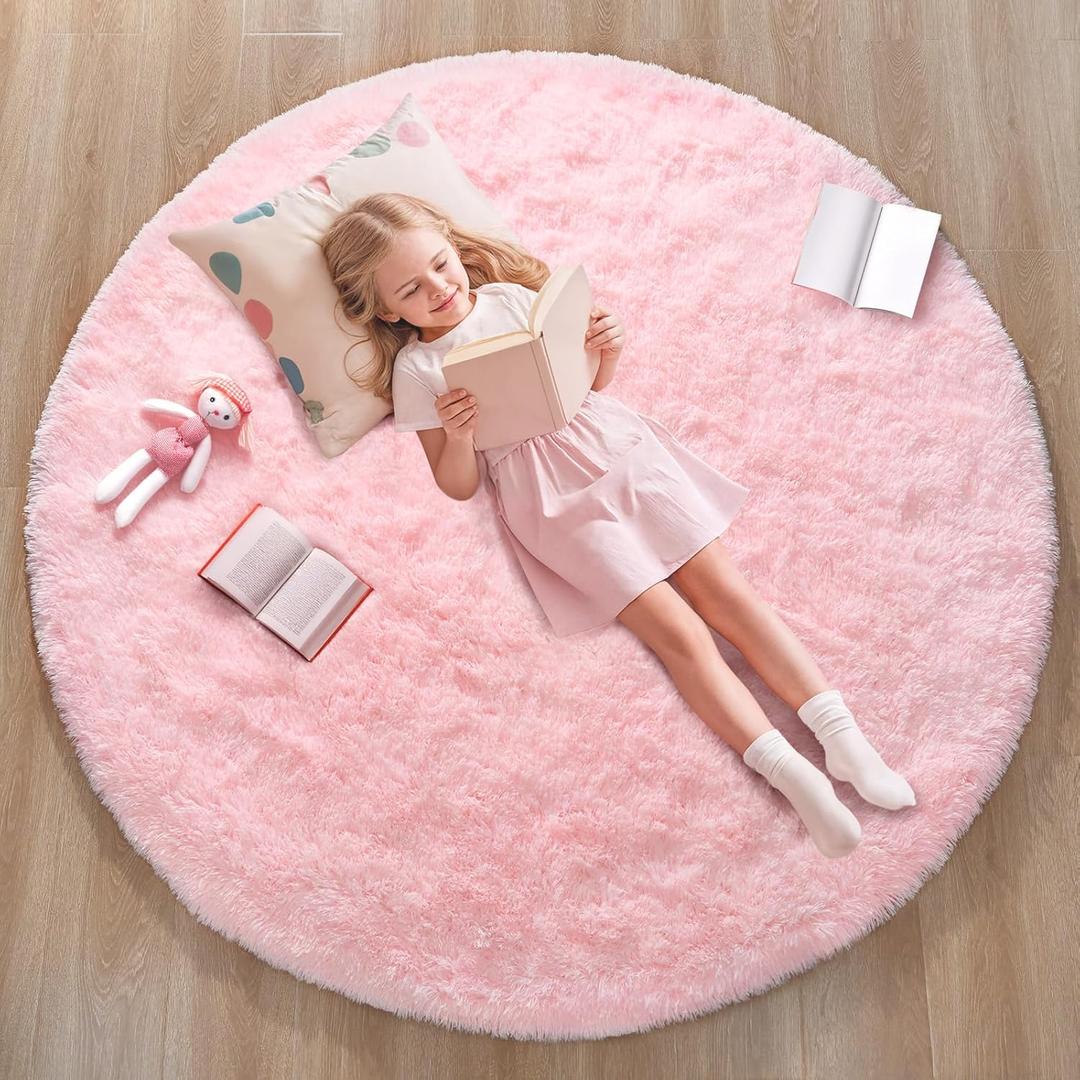 Pink Round Rug for Bedroom, 4Ft Fluffy Circle Area Rugs for Living Room, Shag Fuzzy Carpet for Kids Room, Nursery, Dorm, Classroom, Teen, Cute Baby Play Mat Home Decor Aesthetic