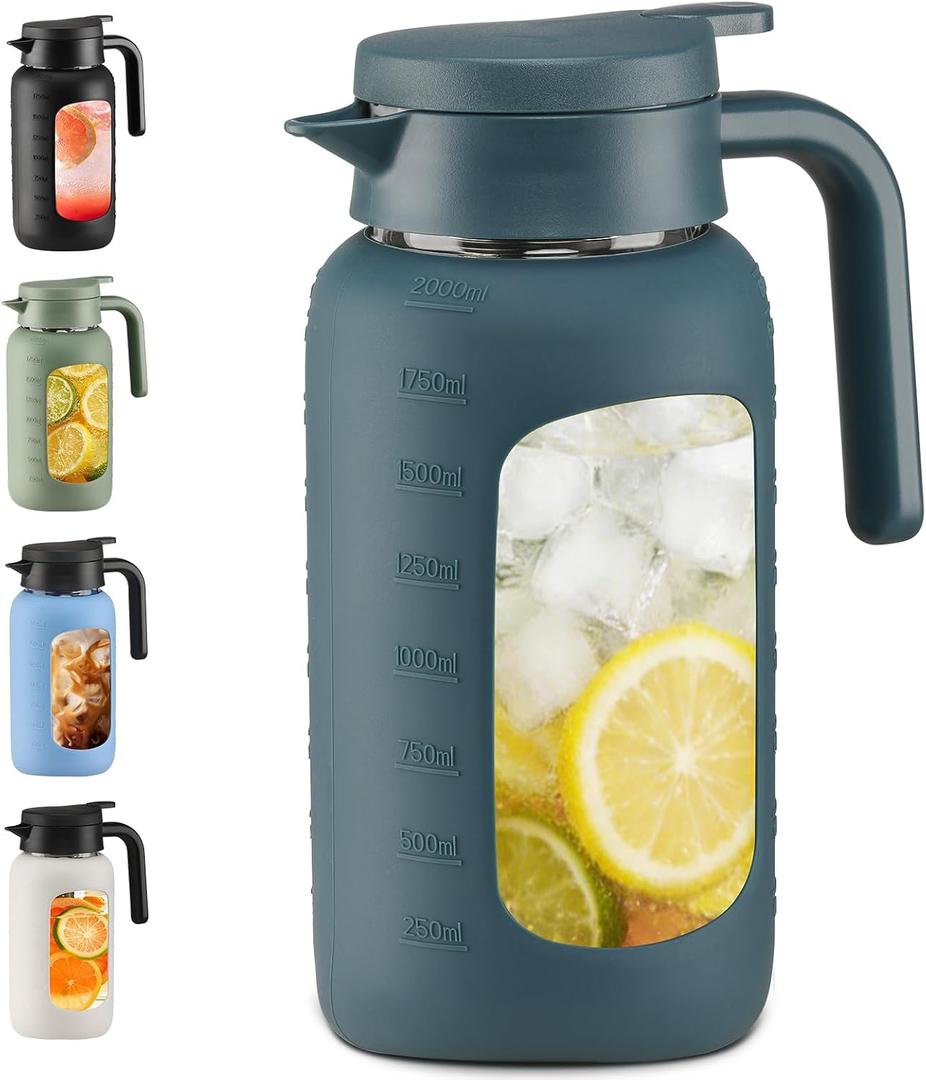 68oz Glass Pitcher with Handle and Lid,Borosilicate Leakproof Glass Water Pitcher for Fridge, Multifunctional Iced Tea Pitcher Glass Carafe for Cold Brew Lemonade Juice and Sun Tea