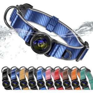 WhoseID AirTag Dog Collar, Waterproof Reflective Leather Dog Collar with AirTag Holder and Magnetic Buckle, Heavy Duty Pet Collar for Small Medium Large Dogs, Blue